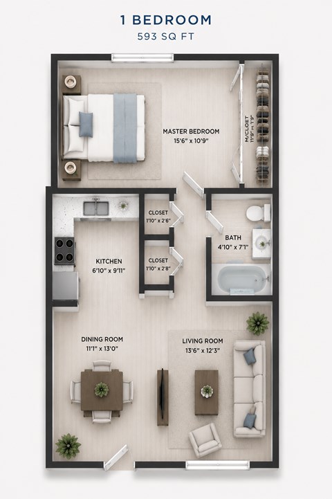 Floor plan for 1 bed, 1 bath, 602 sqft